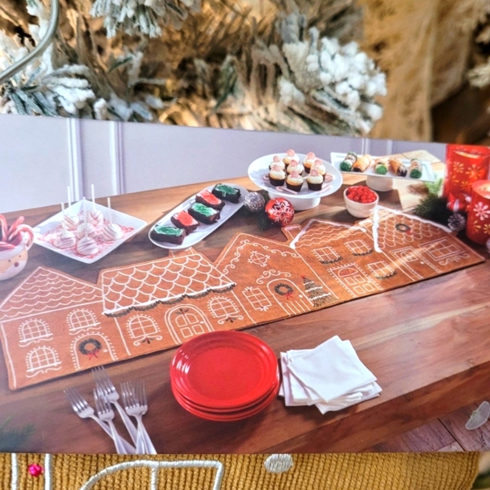 Cupcakes and cashmere gingerbread house table runner